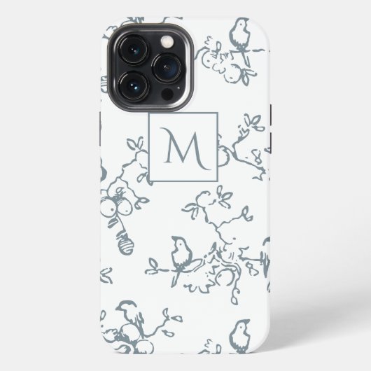 Blau-Weiß-Monogramm Einfaches Vogel-Muster iPhone Hülle (Rückseite)