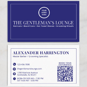 Blau-Weiß-QR-Code-Sozialsymbol-Friseur-Grooming Visitenkarte