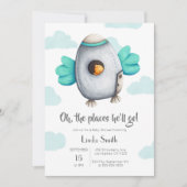 Blau-Weiß-Raumschiff mit Bird Baby Shower Einladung (Vorderseite)