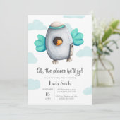 Blau-Weiß-Raumschiff mit Bird Baby Shower Einladung (Stehend Vorderseite)