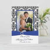 Blau, Weiß, Schwarz Damask Foto Danke Karte (Stehend Vorderseite)