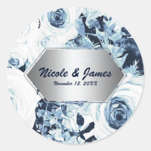 Blau Weiß Silber Winter Hochzeit Vintage Rosen Runder Aufkleber