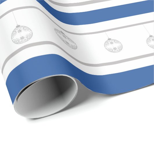 Blau, weiß, silberfarbene Streifen mit Verzierunge Geschenkpapier (Rolleneckpunkt)