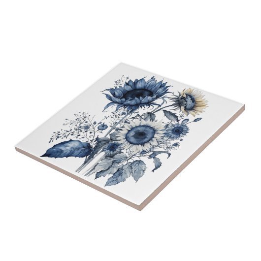 Blau-weiß Sonnenblumen im Delft-Stil, Bouquet Fliese (Seite)