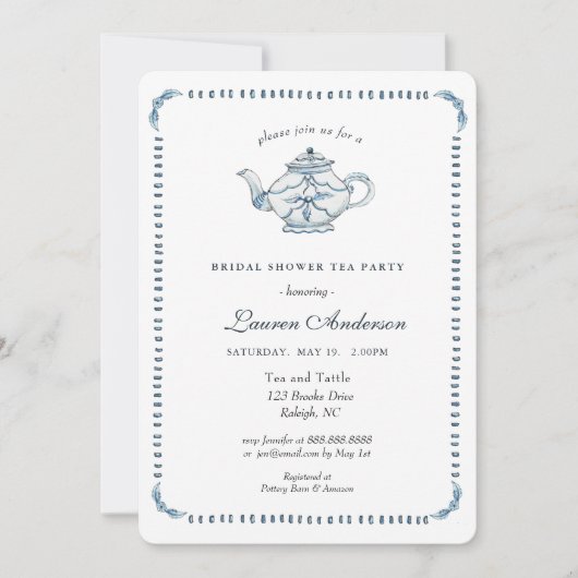 Blau-Weiß-Teekanne-Brautparty Einladung (Vorderseite)