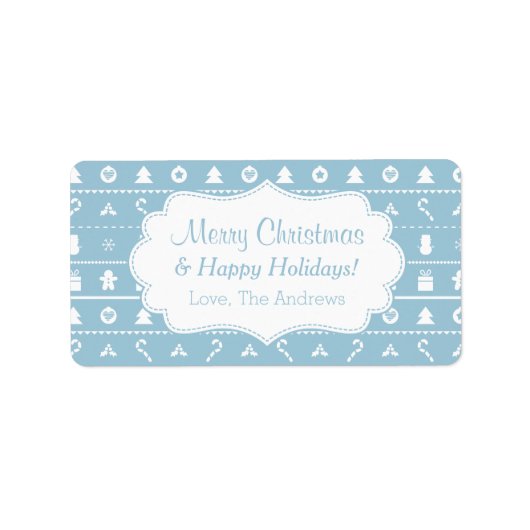 Blau Weiß Uggli Weihnachten Sweater Icons Muster Adressaufkleber (Vorne)