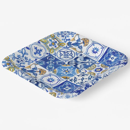 Blau, Weiß und Gelb Mittelmeer-Muster Pappteller (Gewinkelt)