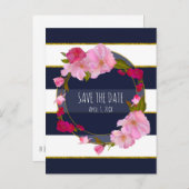 Blau Weiß und Gold Moderne Blumen Save the Date Ankündigungspostkarte (Vorne/Hinten)