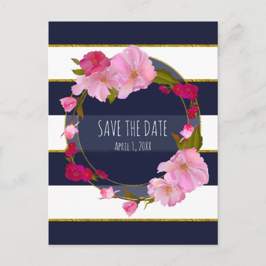 Blau Weiß und Gold Moderne Blumen Save the Date Ankündigungspostkarte (Vorderseite)