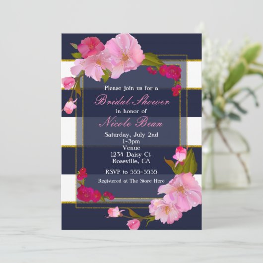 Blau Weiß und Gold Modernes Party mit Blumenmotiv Einladung (Stehend Vorderseite)