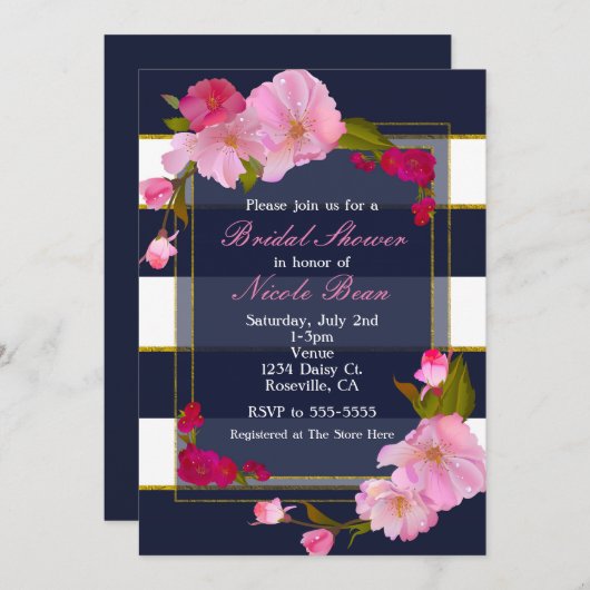 Blau Weiß und Gold Modernes Party mit Blumenmotiv Einladung (Vorne/Hinten)