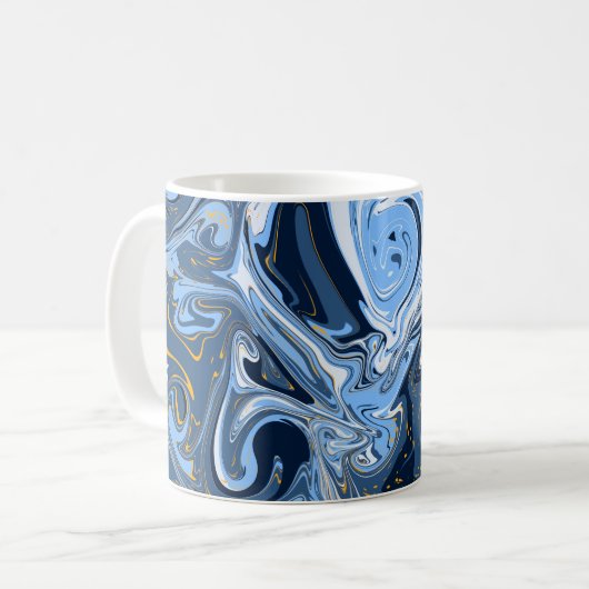 Blau, Weiß und Gold Wirbel Fluid Art Kaffeetasse (Vorderseite Links)