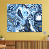 Blau, Weiß und Gold Wirbel Fluid Art Leinwanddruck (Insitu (Wohnzimmer))