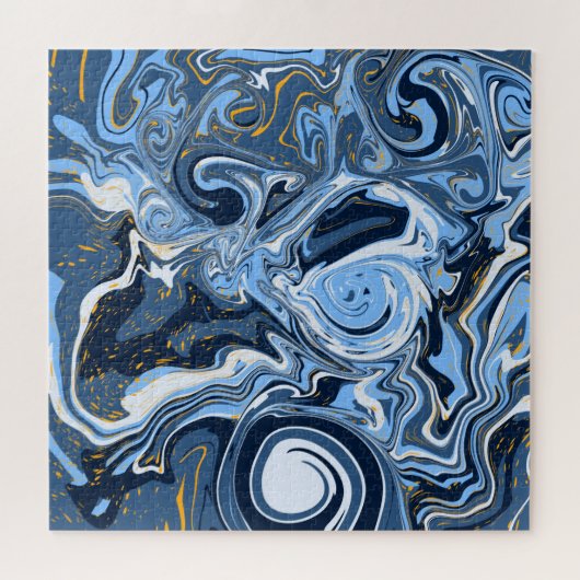 Blau, Weiß und Gold Wirbel Fluid Art Puzzle (Horizontal)