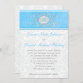 Blau, Weiß und Grau-Damast Mit Monogramm Einladung (Vorne/Hinten)