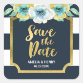 Blau Weiß und Imitate Gold Floral Save the Date Quadratischer Aufkleber (Vorderseite)