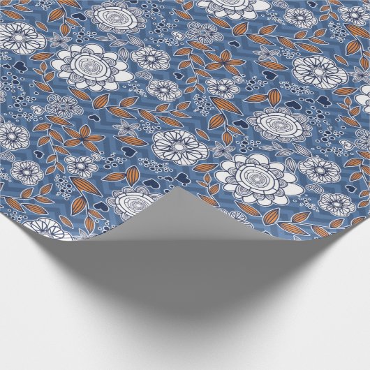 Blau-Weiß und orange Blumendesign Geschenkpapier (Ecke)