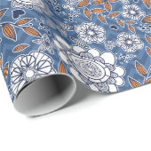 Blau-Weiß und orange Blumendesign Geschenkpapier (Rolleneckpunkt)