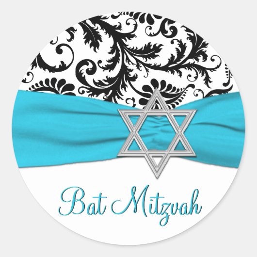 Blau, Weiß und Schwarz Damask Bat Mitzvah Sticker (Vorderseite)