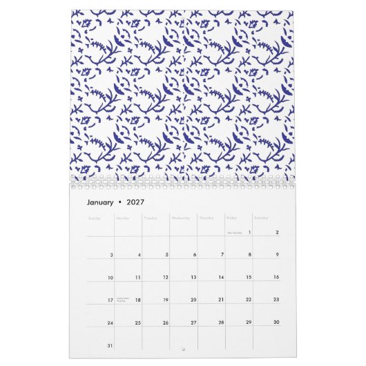Blau-weiß verpacktes Papier mit grafischer Darstel Kalender (Jan 2027)
