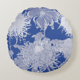 Blau Weiß Vintag Chinoiserie Florenz Rundes Kissen