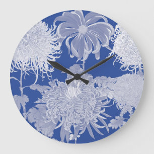 Blau Weiß Vintage Chinoiserie Blumenmuster Große Wanduhr