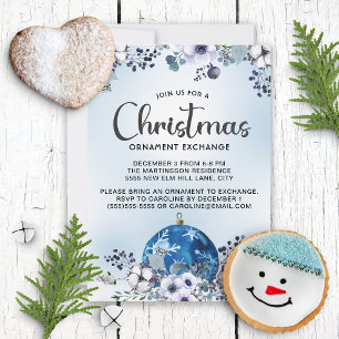 Blau-Weiß-Weihnachts-Blumen-Ornamententausch  Einladung