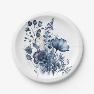 Blau-weiß Wildblumen im Delft-Stil Pappteller