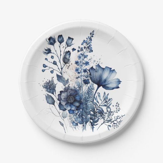 Blau-weiß Wildblumen im Delft-Stil Pappteller (Vorderseite)