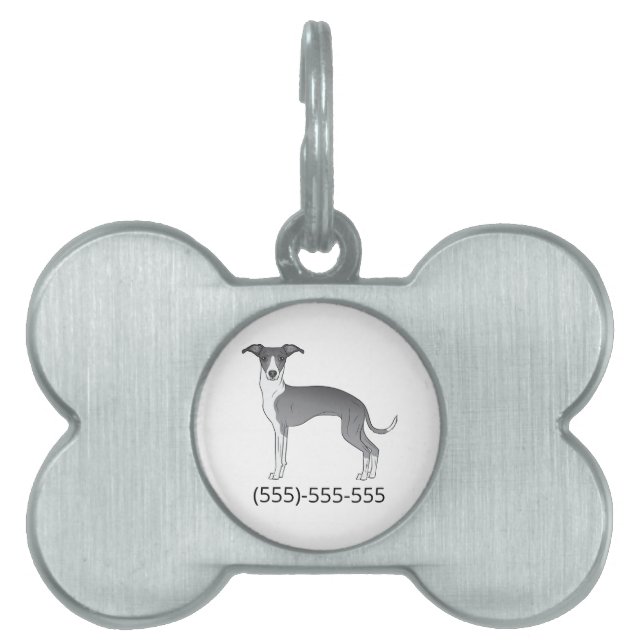 Blau-Weiß-Windhund mit Telefonnummer Tiermarke (Vorderseite)