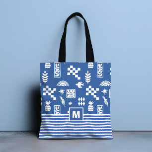 Blau-weiße abstrakte geometrische Vogel-Blumen-Mon Tasche