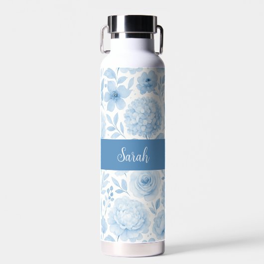 Blau-weiße Aquarell-Blumenmonogramm-Name Trinkflasche (Vorne)