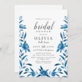 Blau-weiße Aquarellblumen-Brautparty Einladung (Vorne/Hinten)
