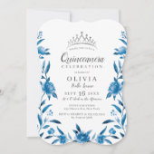 Blau-weiße Aquarellblüte Quinceanera Einladung (Vorderseite)