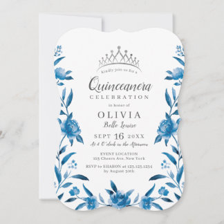 Blau-weiße Aquarellblüte Quinceanera Einladung