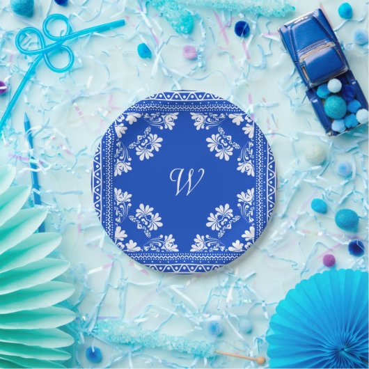 Blau-weiße Bandana mit Monogramm Pappteller (Party)