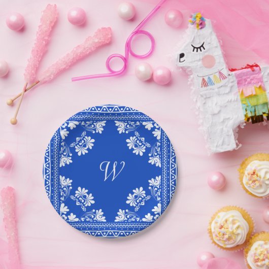 Blau-weiße Bandana mit Monogramm Pappteller (Party)