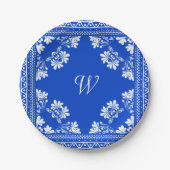 Blau-weiße Bandana mit Monogramm Pappteller (Vorderseite)