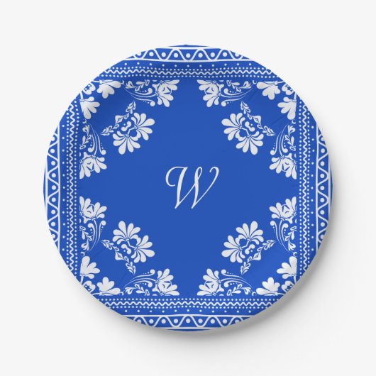 Blau-weiße Bandana mit Monogramm Pappteller (Vorderseite)
