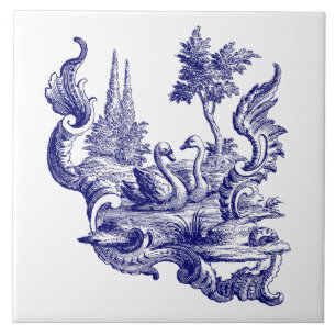 Blau-Weiße Barock-Rokokó-Rocaille-Schwan-Paar Fliese