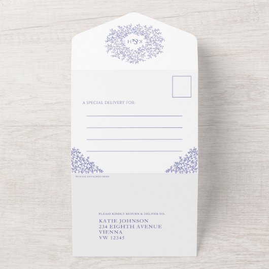 Blau-weiße Blätter Foto Abend Empfang UAWG QR All In One Einladung (Außenbereich)