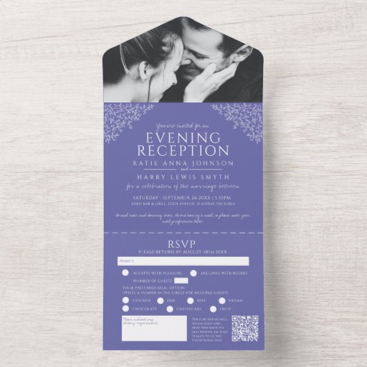 Blau-weiße Blätter Foto Abend Empfang UAWG QR All In One Einladung (Innen Boden)