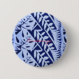 Blau Weiße Blätter Muster Thunder_Cove Button