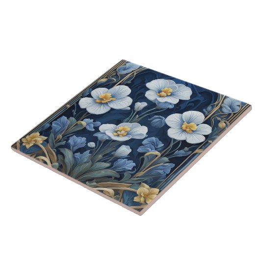 Blau-weiße Blume Art Deco Fliese (Seite)