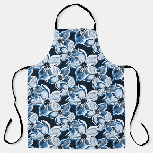 Blau-weiße Blume auf schwarzem Hintergrund. Schürze (Vorderseite)
