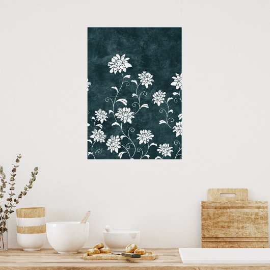 Blau-weiße Blume aus geblümten Damast, mädchenhaft Poster (Küche)
