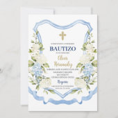 Blau-weiße Blume Bautizo Spanisch Einladung (Vorderseite)
