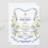 Blau-weiße Blume Bautizo Spanisch Einladung (Vorne/Hinten)