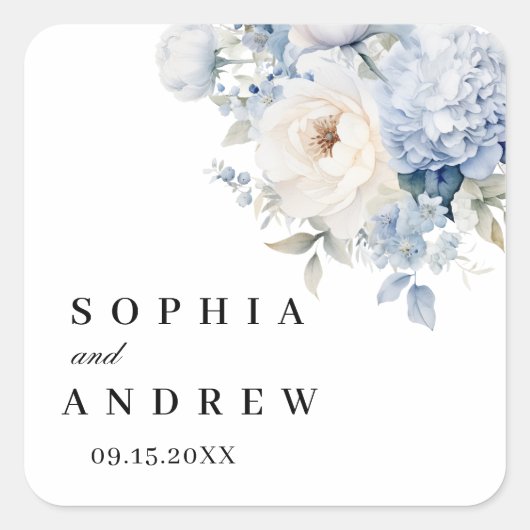 Blau-weiße Blume Hochzeitszettel Quadratischer Aufkleber (Vorderseite)