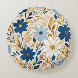 Blau-weiße Blume mit goldenen Blätter Rundes Kissen